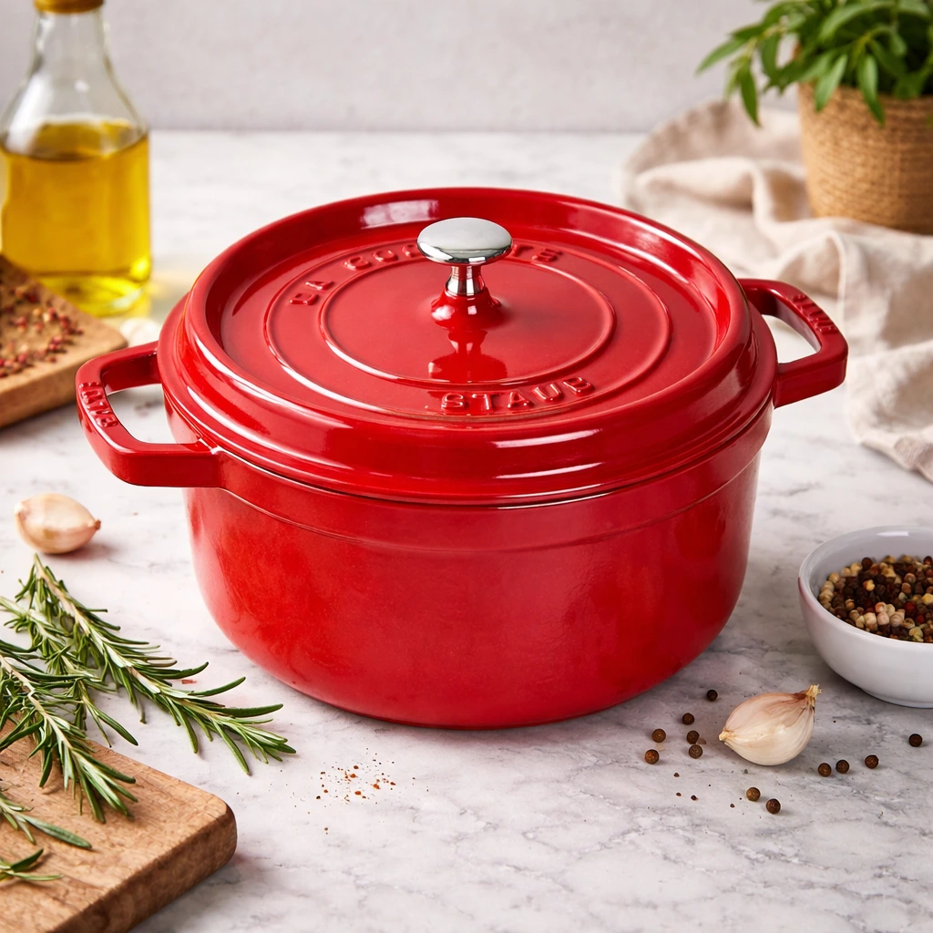 STAUB Cast Iron Dutch Oven 4-qt Round Cocotte, Made in France, Serves 3-4, Cherry