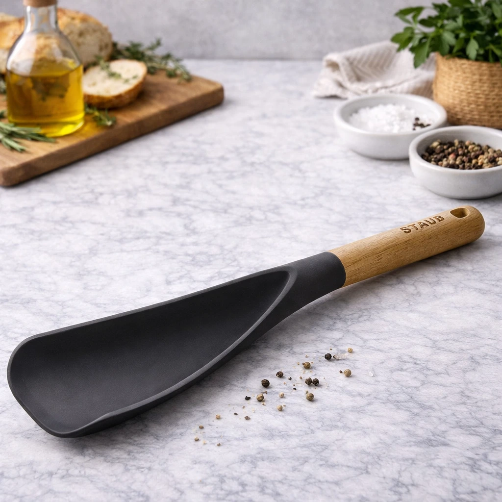 STAUB Multifunction Spatula Spoon, Great for Both Cooking and Serving Durable BPA-Free Matte Black Silicone, Acacia Wood Handles, Safe for Nonstick Cooking Surfaces