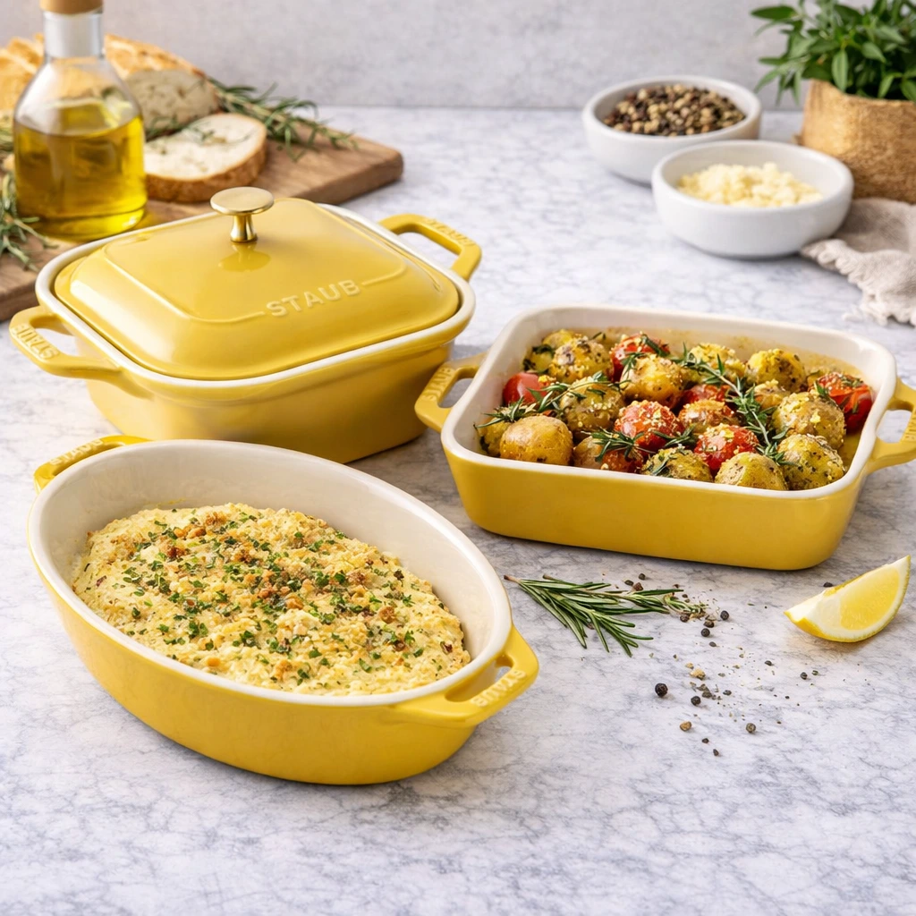 Staub Ceramic 4-pc Baking Pans Set, Casserole Dish with Lid, Brownie Pan, Citron